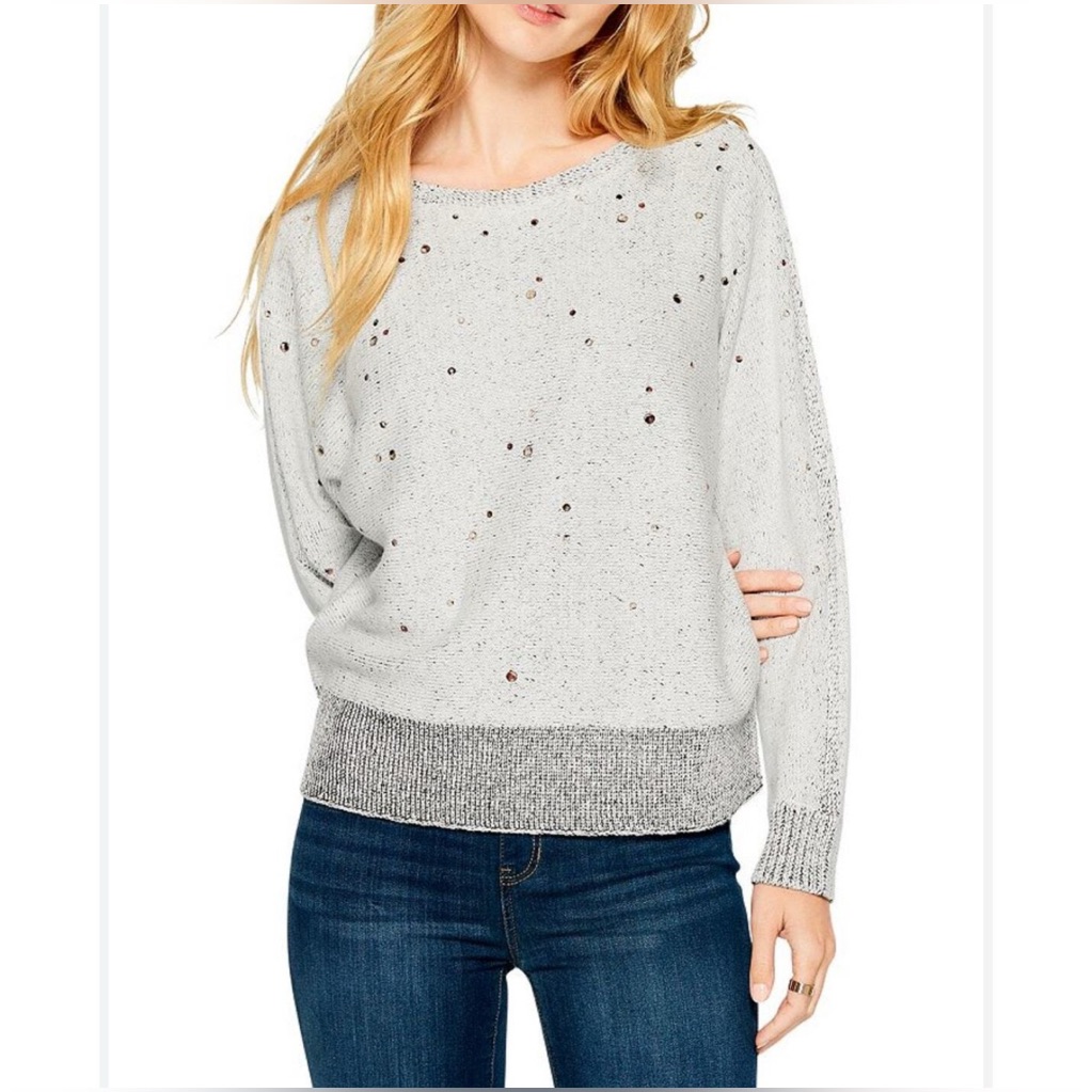 Nic+Zoe Falling Stars Rhinestone Sweater Gray M Nwot Sparkle Kimono Sleeve